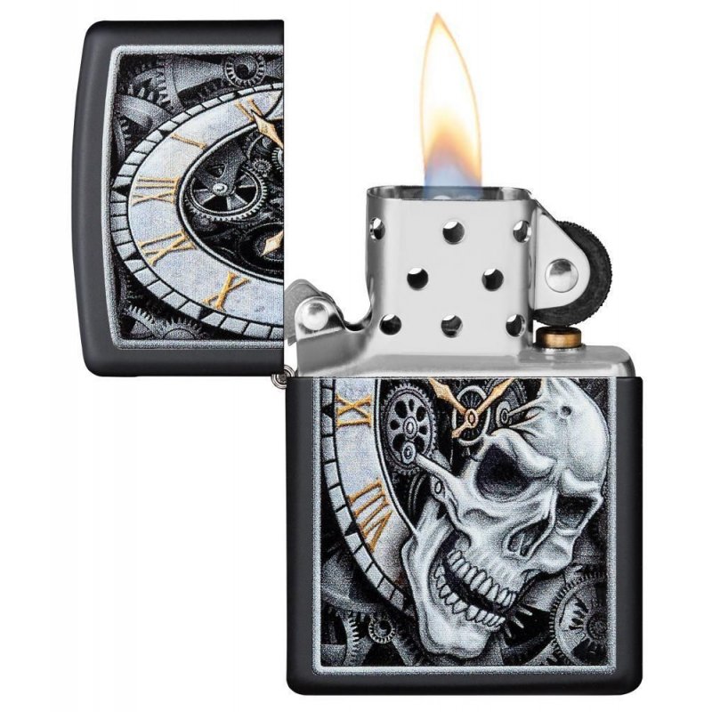 BRICHETA ZIPPO BLACK MATTE COLOR SKULL CLOCK DESIGN oferta cadou