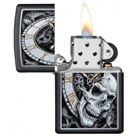 BRICHETA ZIPPO BLACK MATTE COLOR SKULL CLOCK DESIGN oferta cadou