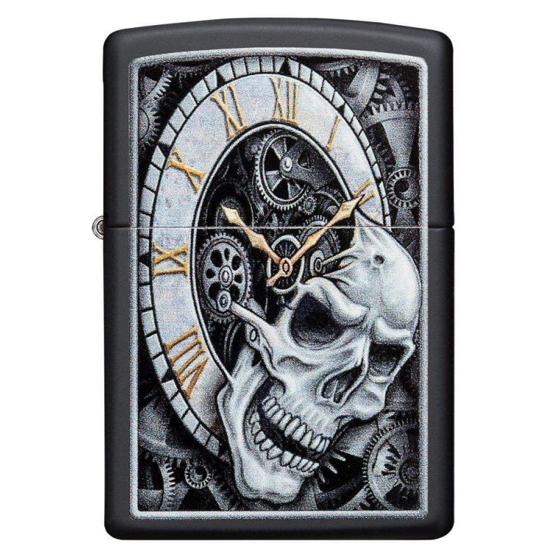 BRICHETA ZIPPO BLACK MATTE COLOR SKULL CLOCK DESIGN oferta cadou