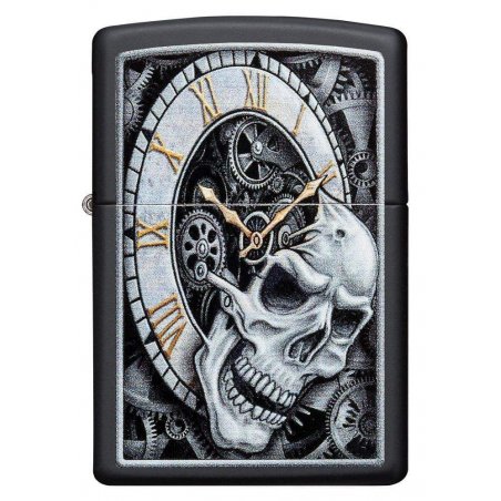 BRICHETA ZIPPO BLACK MATTE COLOR SKULL CLOCK DESIGN oferta cadou