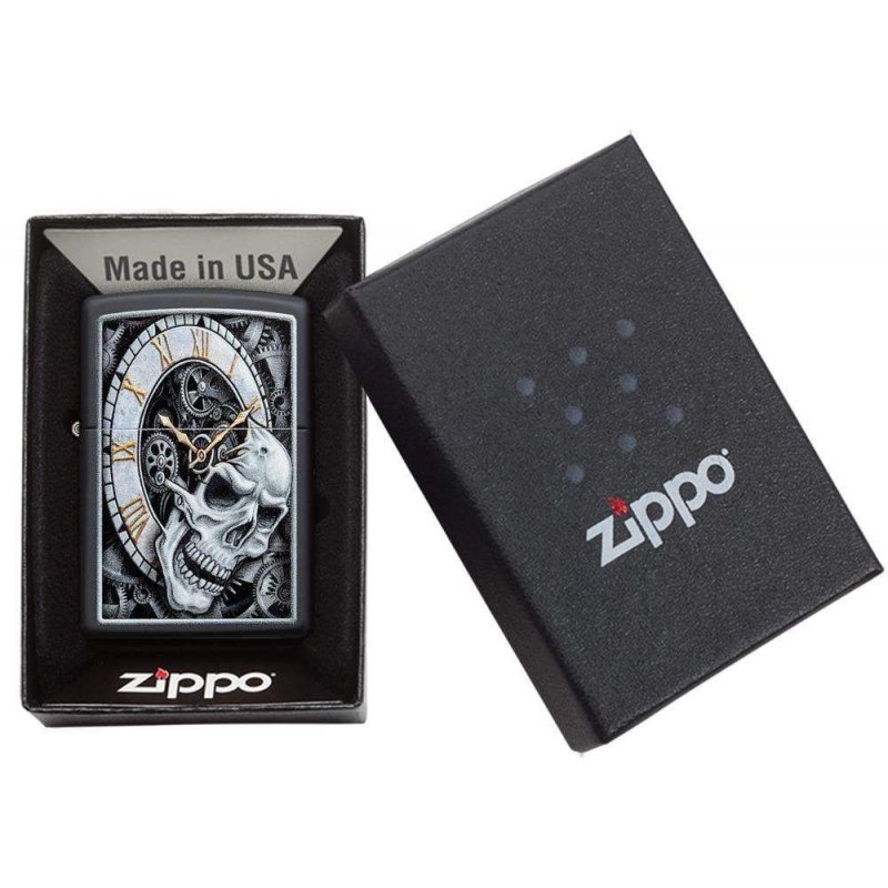 BRICHETA ZIPPO BLACK MATTE COLOR SKULL CLOCK DESIGN oferta cadou