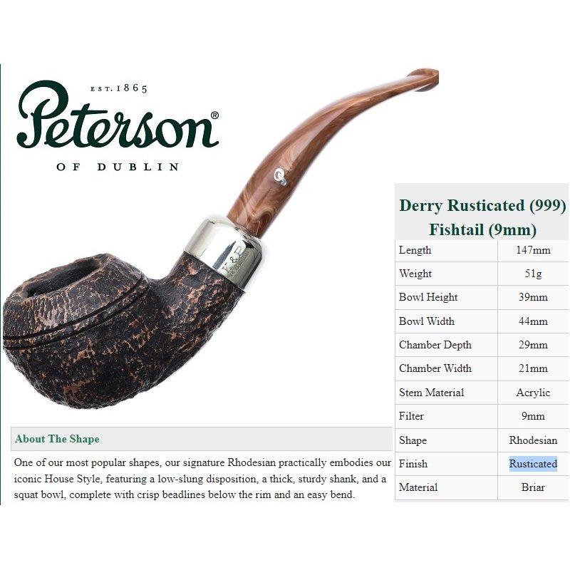 Pipa Peterson Derry Rusticated 999 Fishtail 9mm tutungerie Peterson