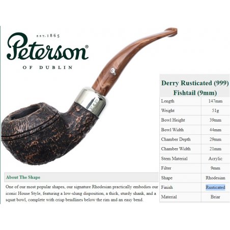Pipa Peterson Derry Rusticated 999 Fishtail 9mm tutungerie Peterson