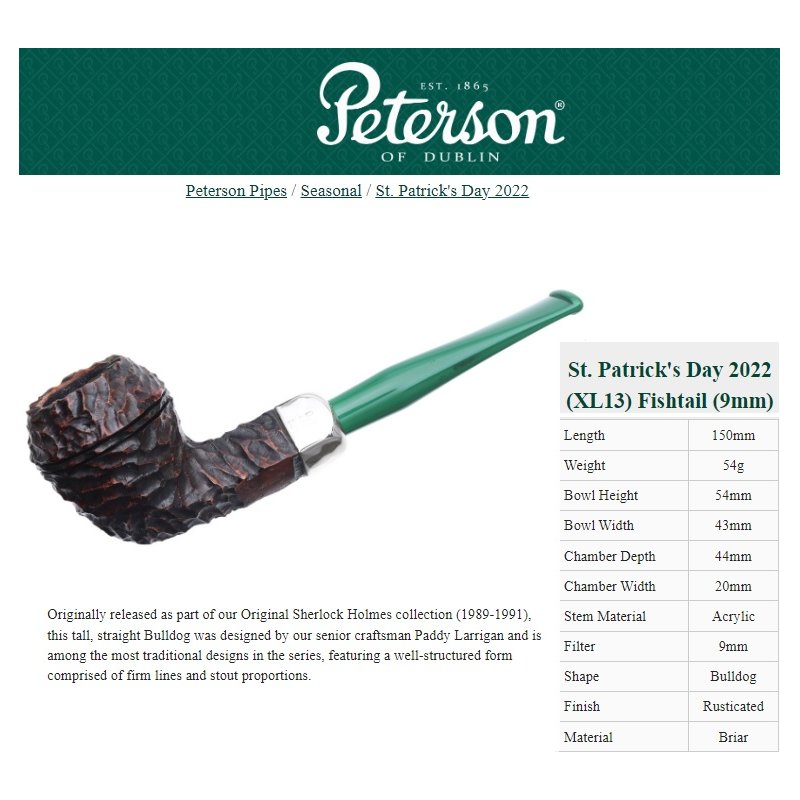 Pipa Peterson St. Patrick`s Day 2022 (XL13) Fishtail 9mm cumpar pipa