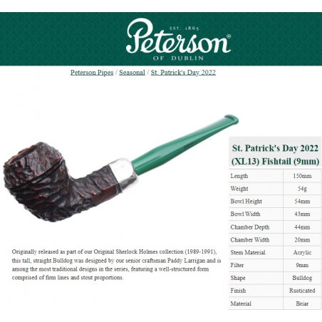Pipa Peterson St. Patrick`s Day 2022 (XL13) Fishtail 9mm cumpar pipa
