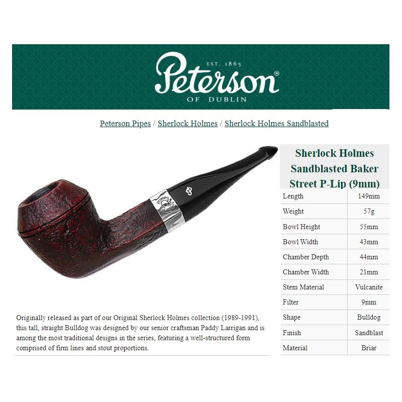 Pipa Peterson Sherlock Holmes Sandblasted Baker Street P-Lip 9mm