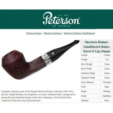 Pipa Peterson Sherlock Holmes Sandblasted Baker Street P-Lip 9mm