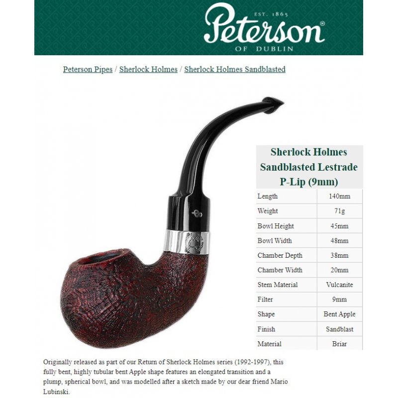 Pipa Peterson Sherlock Holmes Sandblasted Lestrade P-Lip 9mm