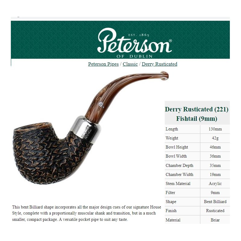 Pipa Peterson Derry Rusticated (221) Fishtail 9mm