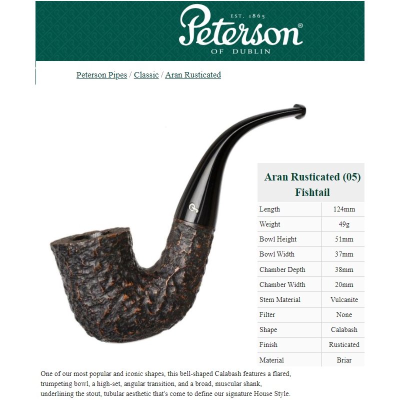 Pipa Peterson Aran Rusticated 05 Fishtail 9mm tutungerie pipa