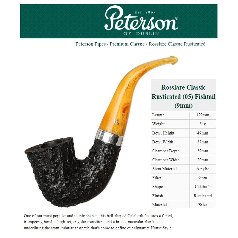 Pipa Peterson Rosslare Classic Rusticated 05 Fishtail 9mm in magazin