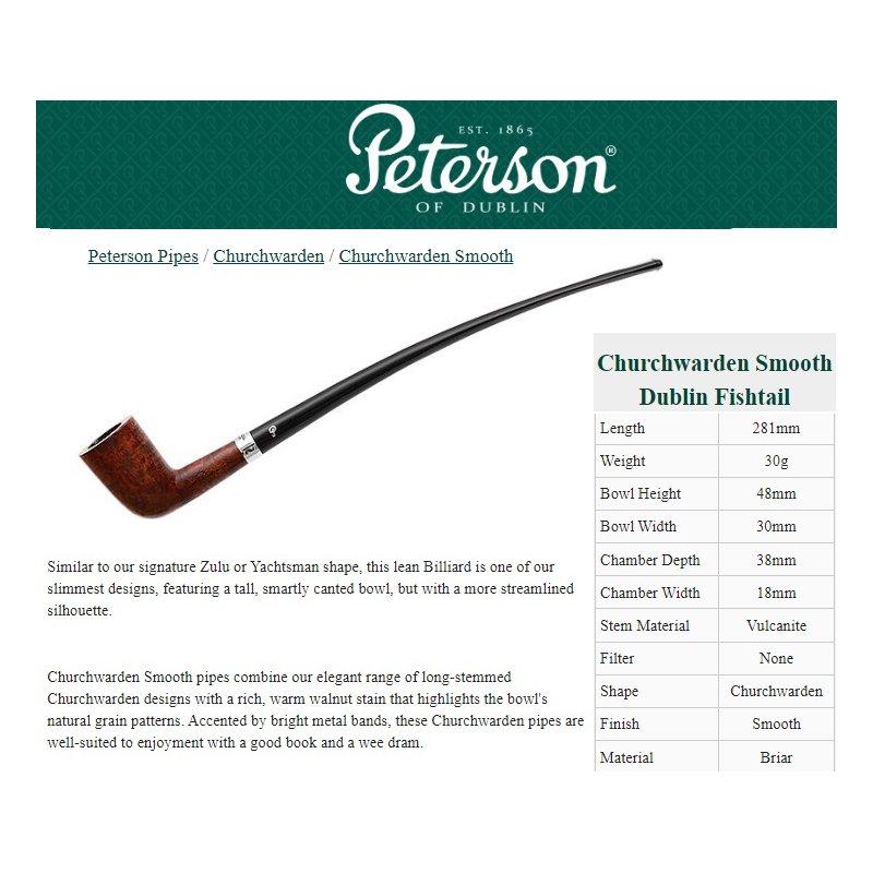 Tutungerie Pipa Peterson Churchwarden Rusticated Dublin Fishtail