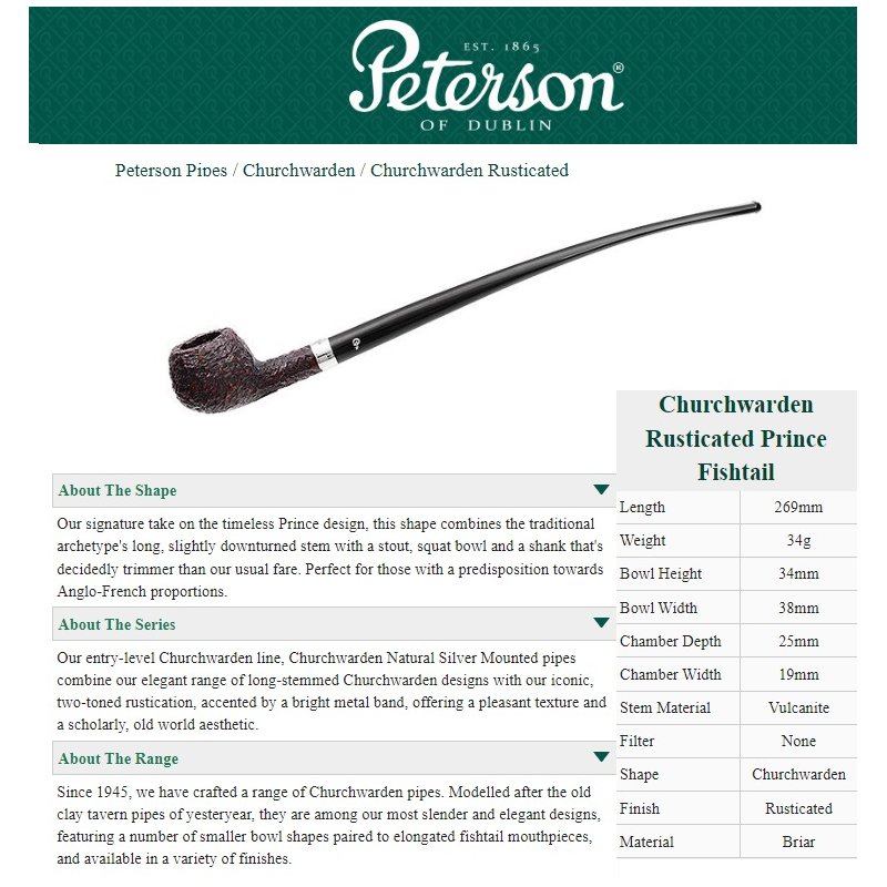 Pipa Peterson Churchwarden Rusticated Prince Fishtail