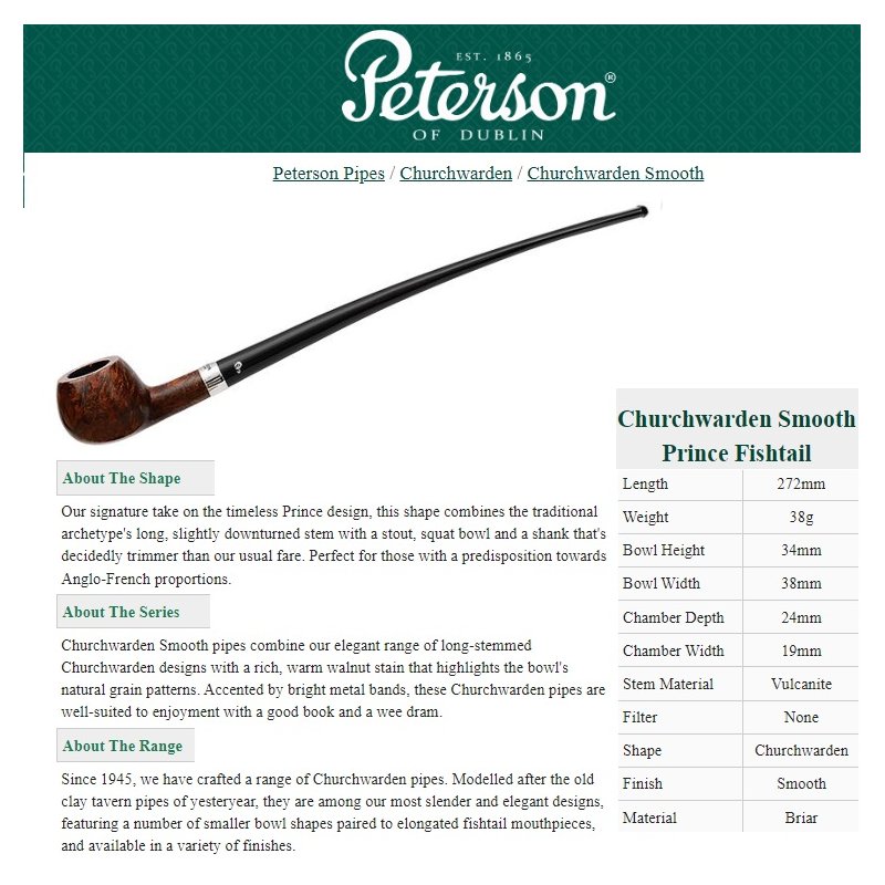 Pipa Peterson Churchwarden Smooth Prince Fishtail